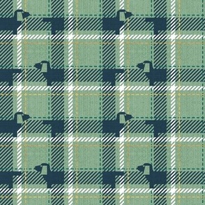Tiny scale // Ta ta tartan doxie reworked tartan // jade green background nile blue dachshund dog pine green white and golden textured criss-crossed vertical and horizontal stripes