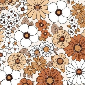 Small Scale / Boho Floral 70’s Retro Earthy Tones  / Off White Background