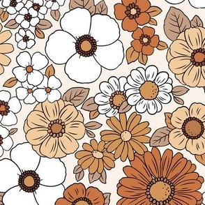 Large Scale / Boho Floral 70’s Retro Earthy Tones  / Off White Background