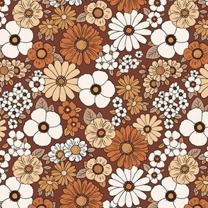 Tiny Scale / Boho Floral 70’s Retro Earthy Tones  / Rust Background