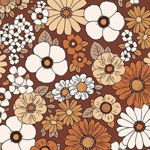 Small Scale / Boho Floral 70’s Retro Earthy Tones  / Rust Background