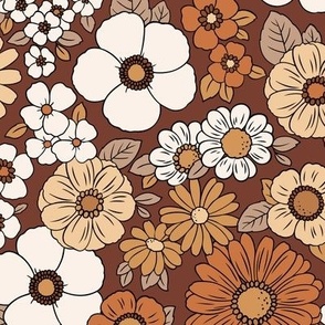 Large Scale / Boho Floral 70’s Retro Earthy Tones  / Off White Background
