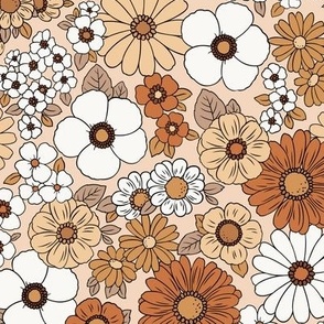Small Scale / Boho Floral 70’s Retro Earthy Tones  / Cream Background
