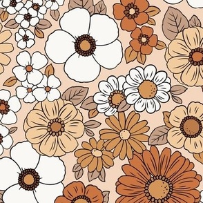Large Scale / Boho Floral 70’s Retro Earthy Tones  / Cream Background