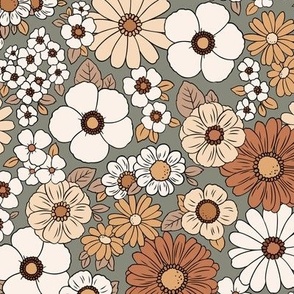 Small Scale / Boho Floral 70’s Retro Earthy Tones  / Sage Background