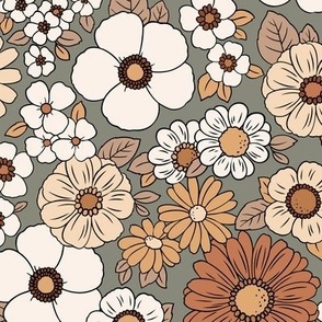 Large Scale / Boho Floral 70’s Retro Earthy Tones  / Sage Background