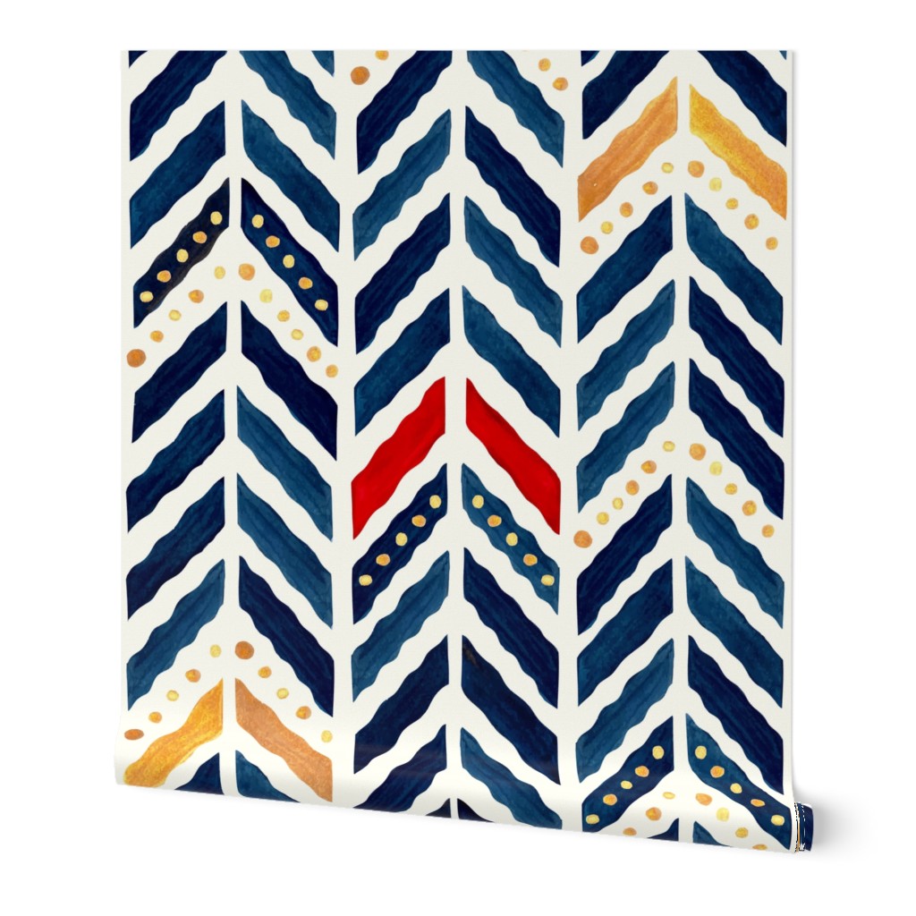 watercolor-wavy herringbone chevron-reworked classics-indigo, gold, red and natural-large scale