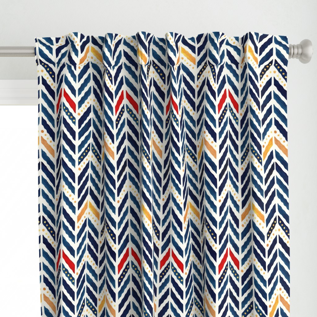 watercolor-wavy herringbone chevron-reworked classics-indigo, gold, red and natural-large scale