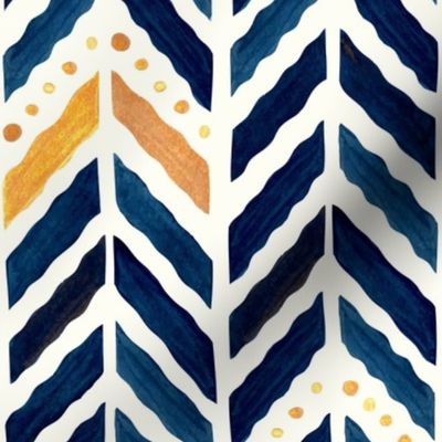 watercolor-wavy herringbone chevron-reworked classics-indigo, gold, red and natural-large scale