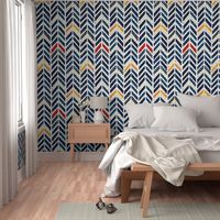 watercolor-wavy herringbone chevron-reworked classics-indigo, gold, red and natural-large scale