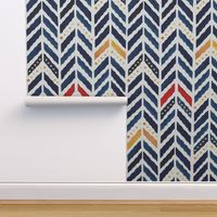 watercolor-wavy herringbone chevron-reworked classics-indigo, gold, red and natural-large scale