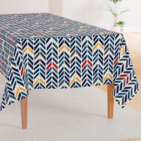 watercolor-wavy herringbone chevron-reworked classics-indigo, gold, red and natural-large scale