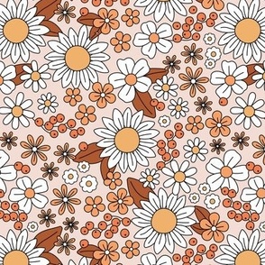 Seventies vintage ditsy flowers daisies sunflowers butter cup floral boho colorful summer blossom design seventies orange yellow beige sand 