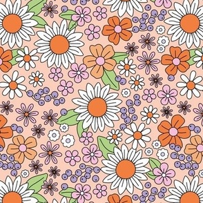 Seventies vintage ditsy flowers daisies sunflowers butter cup floral boho colorful summer blossom design bright orange min pink lilac on peach blush
