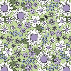 Seventies vintage ditsy flowers daisies sunflowers butter cup floral boho colorful summer blossom design lilac purple blueberry on mint green
