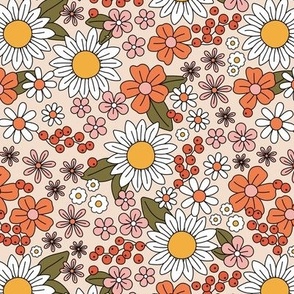 Seventies vintage ditsy flowers daisies sunflowers butter cup floral boho colorful summer fall blossom design vintage red olive green blush pink on sand