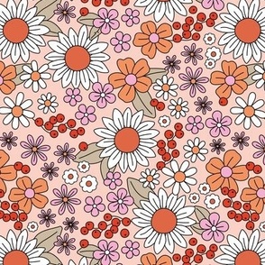 Seventies vintage ditsy flowers daisies sunflowers butter cup floral boho summer blossom design christmas orange pink red green blush pink