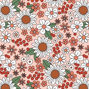 Seventies vintage ditsy flowers daisies sunflowers butter cup floral boho winter blossom design christmas red green blush pink