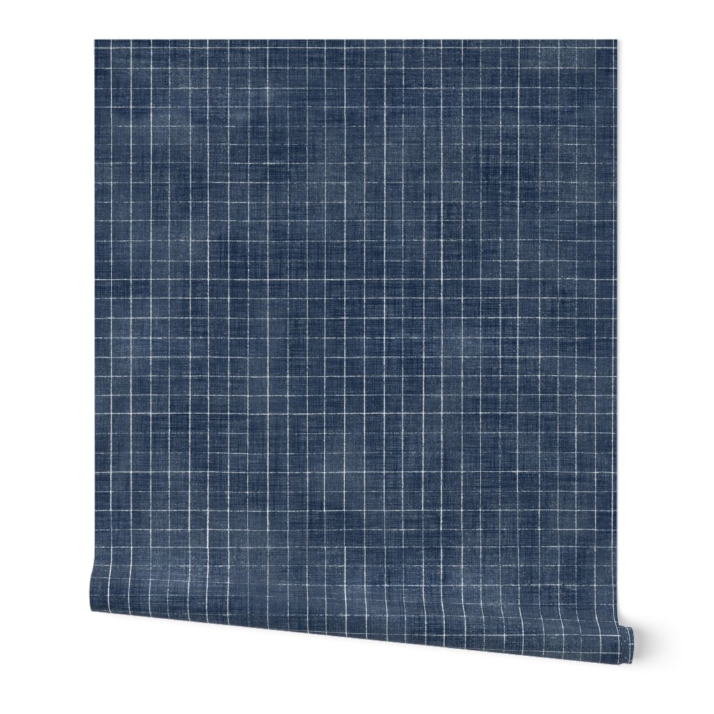 Hand Drawn Checks on Navy Blue (xxl scale) | Rustic fabric in dark blue and white, linen texture checked fabric, windowpane fabric, tartan, plaid, grid pattern, squares fabric.