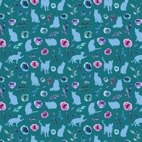 small scale purple and blue floral cats blue cat green bg
