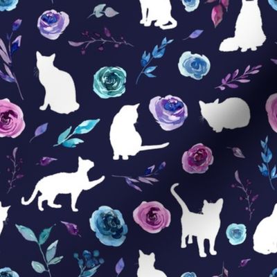 small print purple and blue floral cats white cat midnight blue