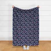 small print purple and blue floral cats white cat midnight blue