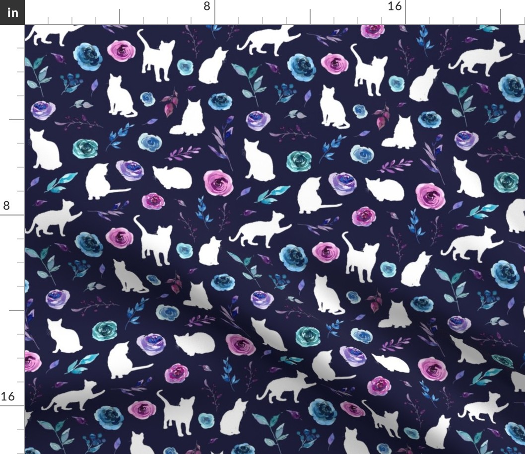 small print purple and blue floral cats white cat midnight blue