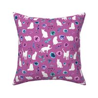 small scale purple and blue floral cats white cat pink bg