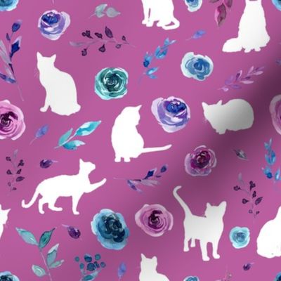 small scale purple and blue floral cats white cat pink bg