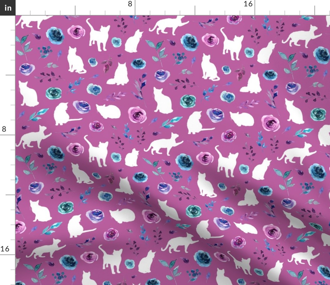 small scale purple and blue floral cats white cat pink bg