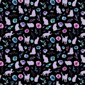small scale purple and blue floral cats lilac black bg