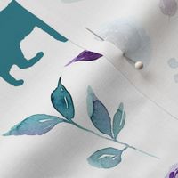 small scale purple and blue floral cats teal