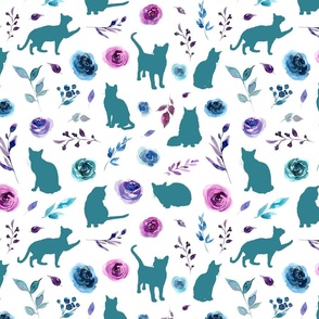 small scale purple and blue floral cats teal