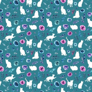 small scale purple and blue floral cats white cat teal bg
