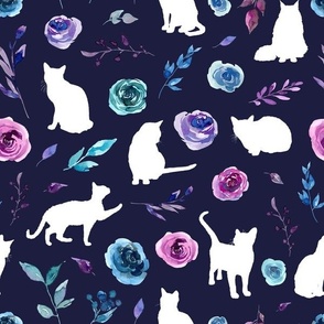 purple and blue floral cats white cat midnight blue