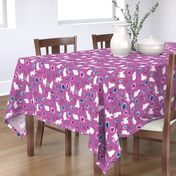 purple and blue floral cats white cat pink bg