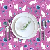 purple and blue floral cats white cat pink bg