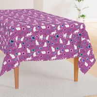 purple and blue floral cats white cat pink bg