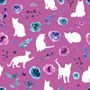 purple and blue floral cats white cat pink bg