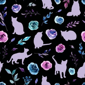 purple and blue floral cats lilac black bg
