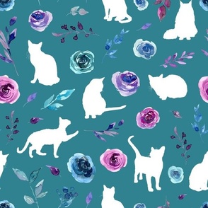 purple and blue floral cats white cat teal bg