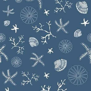 Small - Starfish and Shells underwater - white on blue