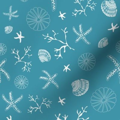 Small - Starfish and Shells underwater - white on teal