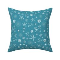 Small - Starfish and Shells underwater - white on teal
