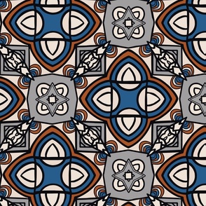 Geometric Mosaic Tiles, Jumbo Scale - Blue, Rust, Cream