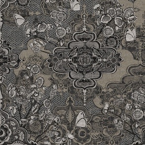 21" SML charcoal linen hessian texture spring symmetry oriental blossom motif