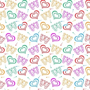Neon on White Background, Pink Green, Yellow, Blue, Red, Hearts and Butterflies