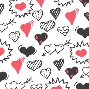 Cartoon Doodle Hearts, Red and Black