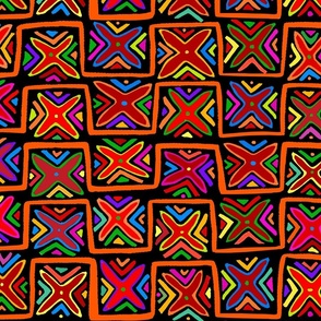 Kuna Indian Tribal Cheerful Checks - Design 13128112 - Red Orange Black