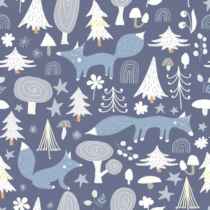 Blue foxes -  winter woodland baby fox animals, forest nursery fabric and wallpaper